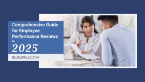 Title image with "Comprehensive Guide for Employee Performance Reviews in 2025" over photo of a female and male having a business meeting